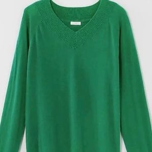 Kelly Verdant Green Ribbed-Border V-Neck Sweater. Size Medium